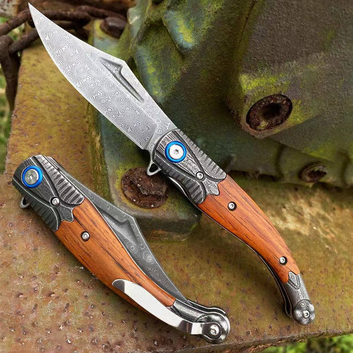 Damascus Steel Folding Survival Camping Knife